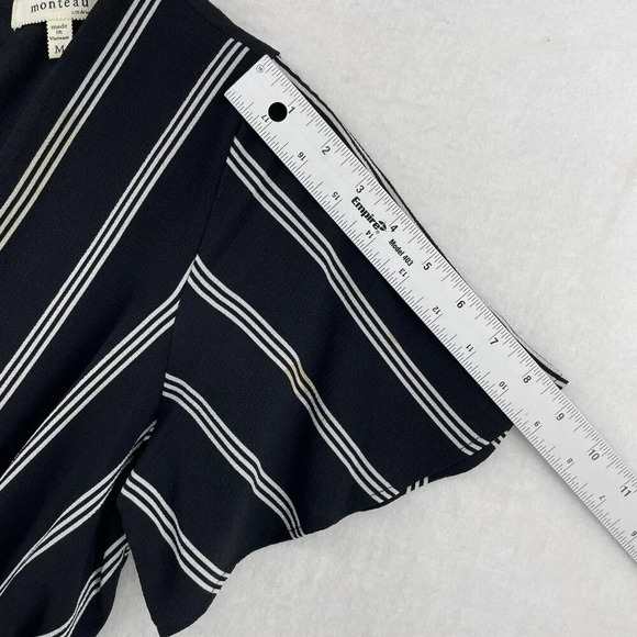 Monteau Jumpsuit Women's Sz M Black Striped V-Neck Wide-Leg Flutter Sleeve - Picture 4 of 14